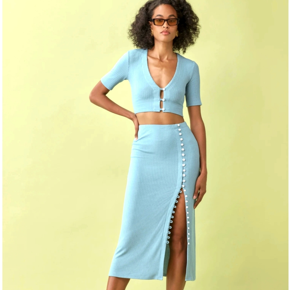 NWT REFORMATION Alberta Turquoise Skirt+Top Matching Set